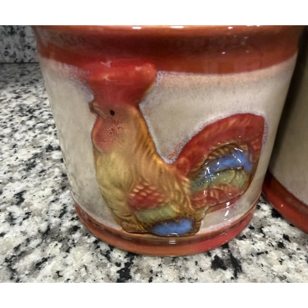 Vintage Rooster Chicken Canister Set of 3 Glazed Pottery Farmhouse Grandma Core